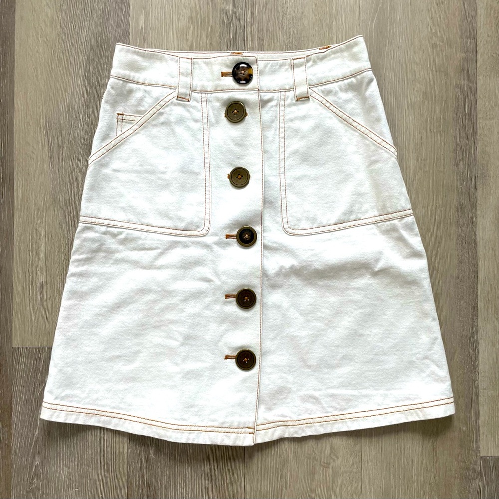 Tibi White Denim Skirt Button Front A Line